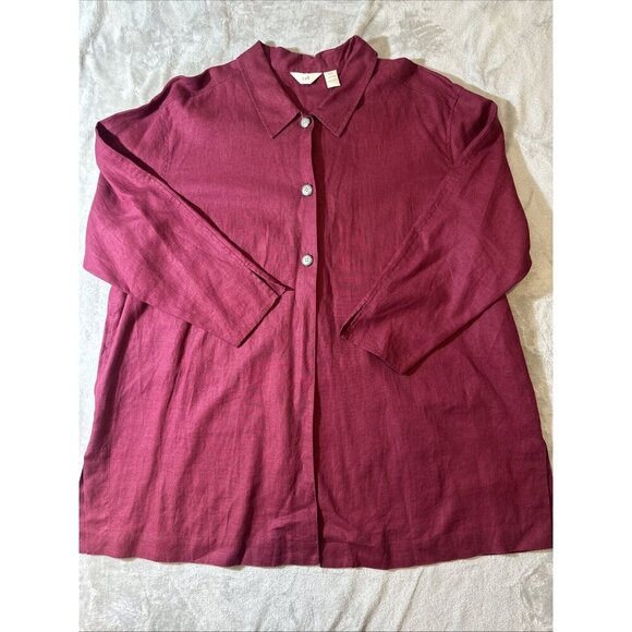 Women’s J.Jill Vintage Tunic Top 3 Buttons Deep Splits Maroon 100% Linen Plus 22 - Picture 5 of 14